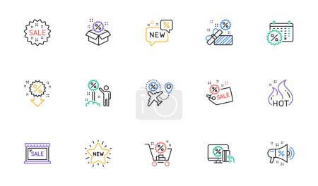 Illustration for Discount line icons. Shopping, Sale and New. Hot offer linear icon set. Bicolor outline web elements. Vector - Royalty Free Image