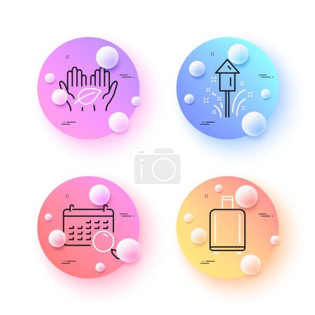 Illustration for Fair trade, Search calendar and Baggage reclaim minimal line icons. 3d spheres or balls buttons. Fireworks icons. For web, application, printing. Safe nature, Find date, Airport bag. Vector - Royalty Free Image