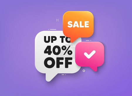 Illustration for Up to 40 percent off sale. 3d bubble chat banner. Discount offer coupon. Discount offer price sign. Special offer symbol. Save 40 percentages. Discount tag adhesive tag. Promo banner. Vector - Royalty Free Image