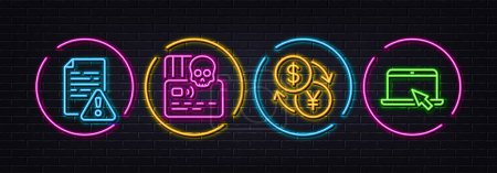 Illustration for Instruction manual, Cyber attack and Currency exchange minimal line icons. Neon laser 3d lights. Portable computer icons. For web, application, printing. Vector - Royalty Free Image