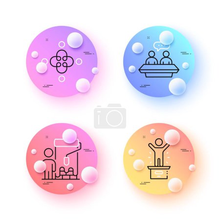 Illustration for Winner podium, Employees talk and Painter minimal line icons. 3d spheres or balls buttons. Inclusion icons. For web, application, printing. First place, Collaboration, Paint brush. Vector - Royalty Free Image