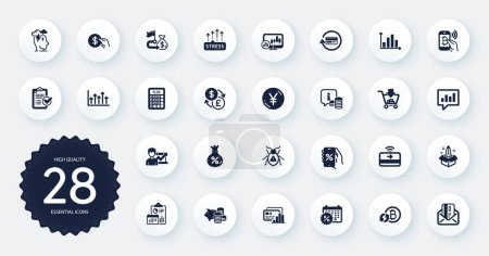 Illustration for Set of Finance icons, such as Success business, Stress and Currency exchange flat icons. Analytical chat, Report, Discounts app web elements. Piggy bank, Calendar discounts. Circle buttons. Vector - Royalty Free Image
