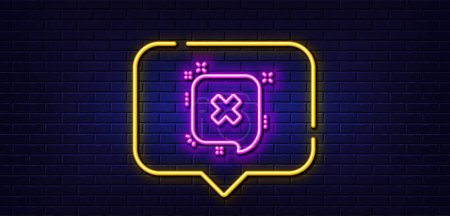 Illustration for Neon light speech bubble. Reject message line icon. Decline or remove chat sign. Neon light background. Reject glow line. Brick wall banner. Vector - Royalty Free Image