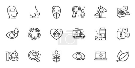 Illustration for Outline set of Myopia, Eye drops and Difficult stress line icons for web application. Talk, information, delivery truck outline icon. Include Pets care, Stress, Weariness icons. Vector - Royalty Free Image