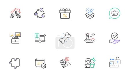 Illustration for Puzzle, Approved checkbox and Cleaning line icons for website, printing. Collection of Lighthouse, Online shopping, Calendar icons. Gift, Discount offer, Shopping cart web elements. Lock. Vector - Royalty Free Image