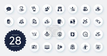 Illustration for Set of People icons, such as Difficult stress, Eye laser and Teamwork flat icons. Strategy, Teamwork chart, Developers chat web elements. Touchscreen gesture, Hold heart, Inspect signs. Vector - Royalty Free Image