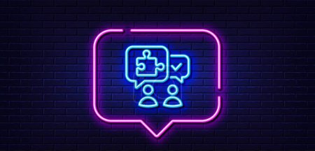 Illustration for Neon light speech bubble. Puzzle line icon. Jigsaw piece with chat bubbles sign. Business challenge symbol. Neon light background. Puzzle glow line. Brick wall banner. Vector - Royalty Free Image