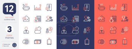 Illustration for Set of World water, Startup and Send mail line icons. Include Human, Dumbbell, Efficacy icons. Payment, Finance calculator, Tickets web elements. Refrigerator, Frying pan, Baggage reclaim. Vector - Royalty Free Image