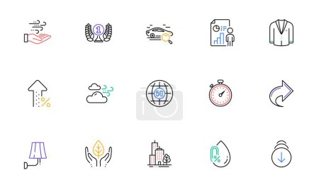 Illustration for 5g internet, Business report and No alcohol line icons for website, printing. Collection of Fair trade, Windy weather, Laureate award icons. Wall lamp, Scroll down, Wind energy web elements. Vector - Royalty Free Image