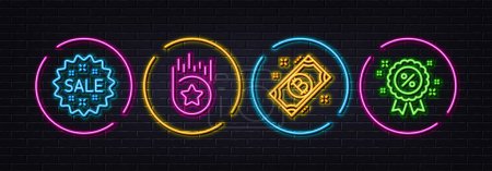 Illustration for Sale, Bitcoin and Loyalty star minimal line icons. Neon laser 3d lights. Discount icons. For web, application, printing. Shopping star, Cryptocurrency coin, Bonus reward. Sale shopping. Vector - Royalty Free Image