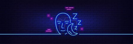 Illustration for Neon light glow effect. Sleep line icon. Night rest sign. Sleeping face symbol. 3d line neon glow icon. Brick wall banner. Sleep outline. Vector - Royalty Free Image