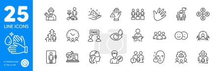 Illustration for Outline icons set. Engineering team, Video conference and Meeting time icons. Online chemistry, Employee result, Cleaning web elements. Election candidate, Wash hands, Family insurance signs. Vector - Royalty Free Image