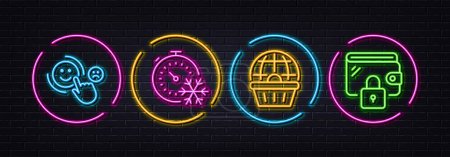 Illustration for Online shopping, Customer satisfaction and Freezing timer minimal line icons. Neon laser 3d lights. Wallet icons. For web, application, printing. Internet buying, Happy smile, Air conditioning. Vector - Royalty Free Image