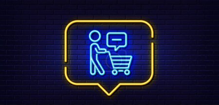 Illustration for Neon light speech bubble. Buyer with shopping cart line icon. Customer think bubble sign. Supermarket client symbol. Neon light background. Buyer think glow line. Brick wall banner. Vector - Royalty Free Image