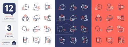 Illustration for Set of Repairman, Food delivery and Employees teamwork line icons. Include Coronavirus protection, Time management, Human sing icons. Restaurant food, Heart, Business report web elements. Vector - Royalty Free Image