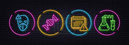Illustration for Chemistry dna, Notification and Medical mask minimal line icons. Neon laser 3d lights. Chemistry lab icons. For web, application, printing. Chemical formula, Calendar warning, Face respirator. Vector - Royalty Free Image