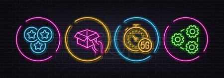 Illustration for 5g internet, Hold box and Stars minimal line icons. Neon laser 3d lights. Gears icons. For web, application, printing. Fast transmission, Delivery parcel, Ranking stars. Work process. Vector - Royalty Free Image
