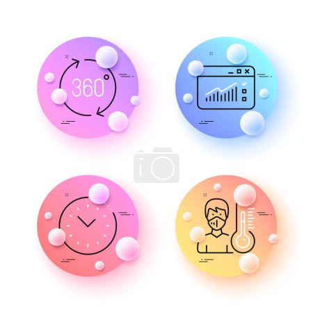 Illustration for Web traffic, 360 degrees and Time management minimal line icons. 3d spheres or balls buttons. Thermometer icons. For web, application, printing. Website window, Full rotation, Office clock. Vector - Royalty Free Image