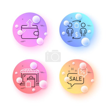 Illustration for Discounts bubble, Wallet and Buying process minimal line icons. 3d spheres or balls buttons. Market icons. For web, application, printing. Sale message, Send money, Supermarket bag. Vector - Royalty Free Image