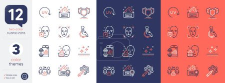 Illustration for Set of Shields, Uv protection and Skin cream line icons. Include Social distance, Face declined, Clean skin icons. Coronavirus vaccine, Face detection, Disability web elements. Cream. Vector - Royalty Free Image