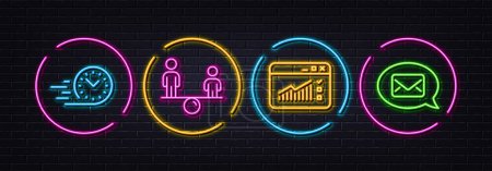 Illustration for Fast delivery, Web traffic and Equity minimal line icons. Neon laser 3d lights. Messenger icons. For web, application, printing. Stopwatch, Website window, Social equality. New message. Vector - Royalty Free Image
