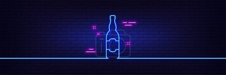 Illustration for Neon light glow effect. Beer bottle line icon. Pub Craft beer sign. Brewery beverage symbol. 3d line neon glow icon. Brick wall banner. Beer bottle outline. Vector - Royalty Free Image