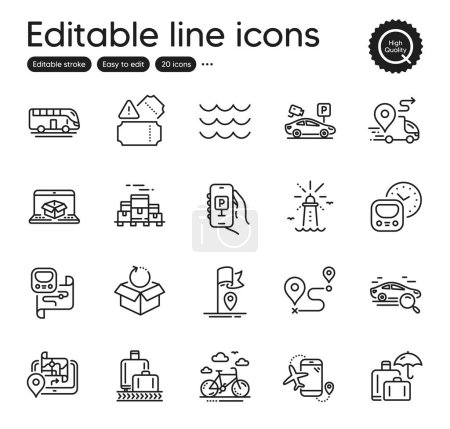 Illustration for Set of Transportation outline icons. Contains icons as Metro map, Luggage insurance and Flag elements. Boxes pallet, Baggage reclaim, Journey web signs. Bike rental, Waves. Vector - Royalty Free Image