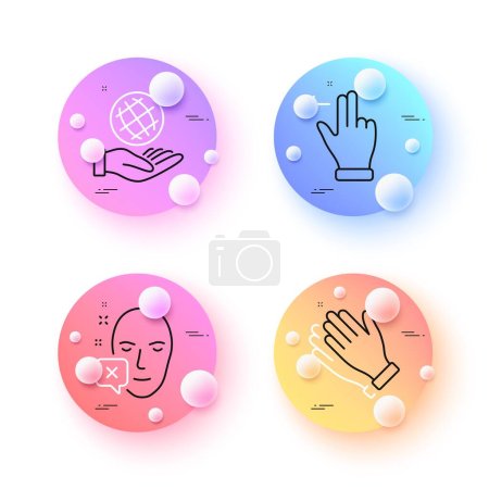 Illustration for Face declined, Touchscreen gesture and Clapping hands minimal line icons. 3d spheres or balls buttons. Safe planet icons. For web, application, printing. Identification error, Slide left, Clap. Vector - Royalty Free Image