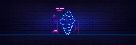 Illustration for Neon light glow effect. Ice cream line icon. Vanilla sundae cone sign. Frozen summer dessert symbol. 3d line neon glow icon. Brick wall banner. Ice cream outline. Vector - Royalty Free Image