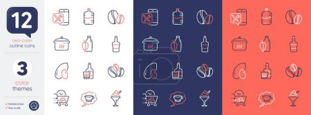 Illustration for Set of Scotch bottle, Food delivery and Food app line icons. Include Peanut, Coffee beans, Ice cream icons. Cooler bottle, Coffee cup, Coffee-berry beans web elements. Whiskey glass. Vector - Royalty Free Image
