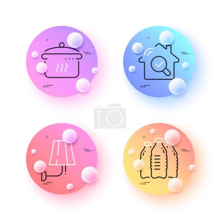 Illustration for Wall lamp, Water bottles and Inspect minimal line icons. 3d spheres or balls buttons. Boiling pan icons. For web, application, printing. Electric sconce, Aqua drinks, Search building. Vector - Royalty Free Image