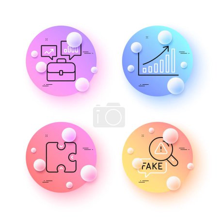 Illustration for Graph chart, Puzzle and Fake news minimal line icons. 3d spheres or balls buttons. Business portfolio icons. For web, application, printing. Growth report, Puzzle piece, Check wrong fact. Vector - Royalty Free Image