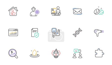 Illustration for Puzzle, Insurance policy and Medical tablet line icons for website, printing. Collection of Interview, Messenger mail, Clown icons. Currency audit, Teacher, Chemistry dna web elements. Vector - Royalty Free Image