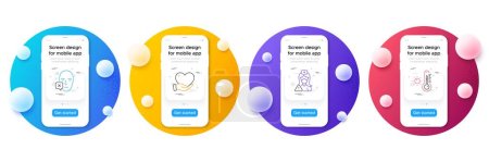 Illustration for Minimal set of Nurse, Volunteer and Face declined line icons for web development. Phone ui interface mockup with balls. Weather thermometer icons. Vector - Royalty Free Image