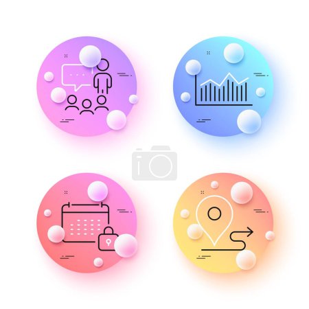 Illustration for Calendar, People chatting and Money diagram minimal line icons. 3d spheres or balls buttons. Journey icons. For web, application, printing. Locked planner, Conference, Currency diagram. Vector - Royalty Free Image