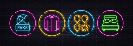 Illustration for Shirt, Fake news and Balloon dart minimal line icons. Neon laser 3d lights. Pillows icons. For web, application, printing. Casual wear, Umbrella secure, Attraction park. Night bed. Vector - Royalty Free Image