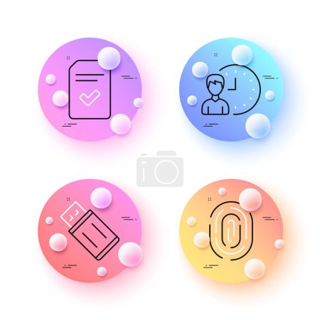 Illustration for Checked file, Fingerprint and Working hours minimal line icons. 3d spheres or balls buttons. Usb flash icons. For web, application, printing. Correct document, Biometric scan, Project deadline. Vector - Royalty Free Image