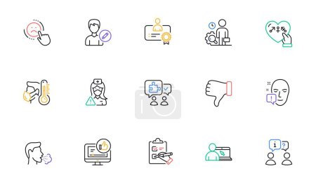 Illustration for Cough, Inspect and Dislike line icons for website, printing. Collection of Like video, Checklist, Nurse icons. Face attention, Edit person, Online education web elements. Dislike hand. Vector - Royalty Free Image