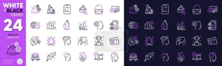 Illustration for Feather, Skyscraper buildings and Boarding pass line icons for website, printing. Collection of Report document, Water bottle, Mindfulness stress icons. Idea, Stress. Bicolor outline icon. Vector - Royalty Free Image