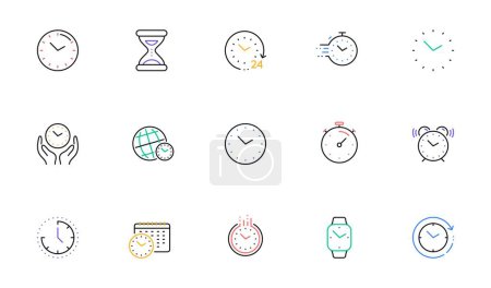 Ilustración de Iconos de línea de tiempo y reloj. Temporizador, Alarma y Smartwatch. Gestión de tiempo, reloj 24 horas, iconos de alarma de fecha límite. Reloj de arena, reloj inteligente, cronómetro. Conjunto lineal. Vector - Imagen libre de derechos