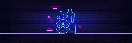 Illustration for Neon light glow effect. Pet shampoo line icon. Pets care sign. Dog cleaning symbol. 3d line neon glow icon. Brick wall banner. Pet shampoo outline. Vector - Royalty Free Image
