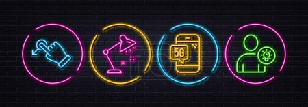 Illustration for Table lamp, Drag drop and 5g phone minimal line icons. Neon laser 3d lights. User idea icons. For web, application, printing. Bedside lamp, Move, Wifi internet. Light bulb. Neon lights buttons. Vector - Royalty Free Image