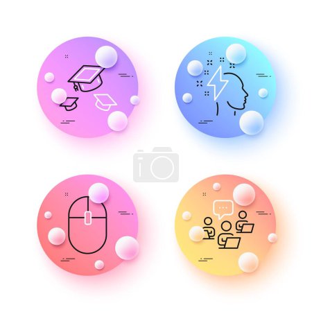 Illustration for Teamwork, Computer mouse and Brainstorming minimal line icons. 3d spheres or balls buttons. Throw hats icons. For web, application, printing. Remote work, Pc equipment, Lightning bolt. Vector - Royalty Free Image