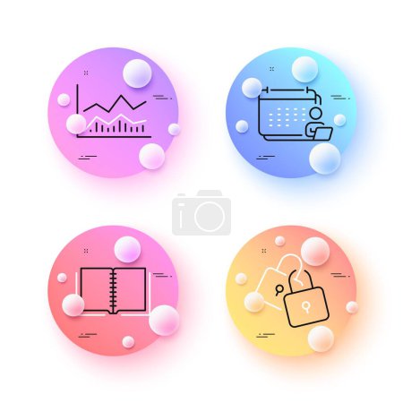 Illustration for Locks, Book and Trade infochart minimal line icons. 3d spheres or balls buttons. Accounting icons. For web, application, printing. Together padlocks, E-learning course, Business analysis. Vector - Royalty Free Image