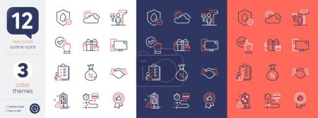 Illustration for Set of Computer, Painter and Holiday presents line icons. Include Waterproof, Checkbox, Food delivery icons. Handshake, Checklist, Loan web elements. Building warning, Sunny weather. Vector - Royalty Free Image