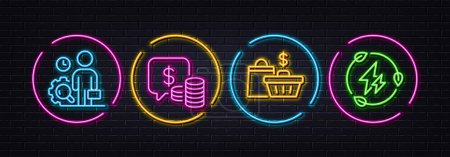 Illustration for Sale bags, Inspect and Coins minimal line icons. Neon laser 3d lights. Green electricity icons. For web, application, printing. Shopping cart, Work quality, Money investment. Electric energy. Vector - Royalty Free Image