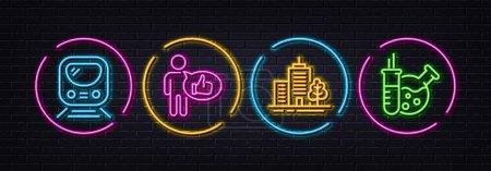 Illustration for Metro, Like and Skyscraper buildings minimal line icons. Neon laser 3d lights. Chemistry lab icons. For web, application, printing. Transit journey, Thumbs up, Town architecture. Laboratory. Vector - Royalty Free Image
