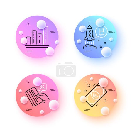 Illustration for Credit card, Bitcoin project and Euro money minimal line icons. 3d spheres or balls buttons. Graph chart icons. For web, application, printing. Loan percent, Cryptocurrency startup, Cash. Vector - Royalty Free Image