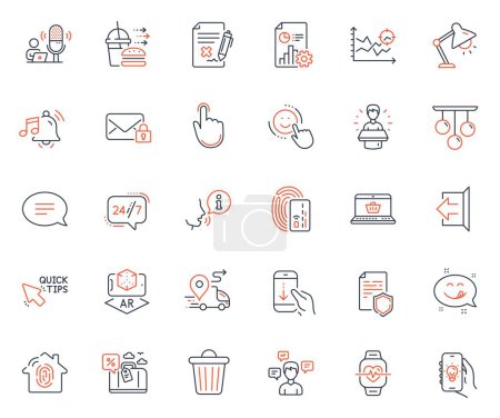 Illustration for Technology icons set. Included icon as Hand click, 24h service and Augmented reality web elements. Card, Table lamp, Alarm sound icons. Delivery, Seo analysis, Secure mail web signs. Vector - Royalty Free Image