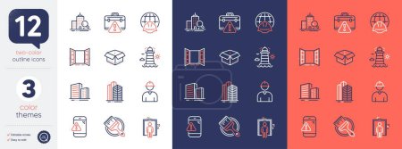 Illustration for Set of Global engineering, Warning message and Elevator line icons. Include Open door, Inspect, Engineer icons. Lighthouse, Buildings, Warning briefcase web elements. Skyscraper buildingsBrush. Vector - Royalty Free Image